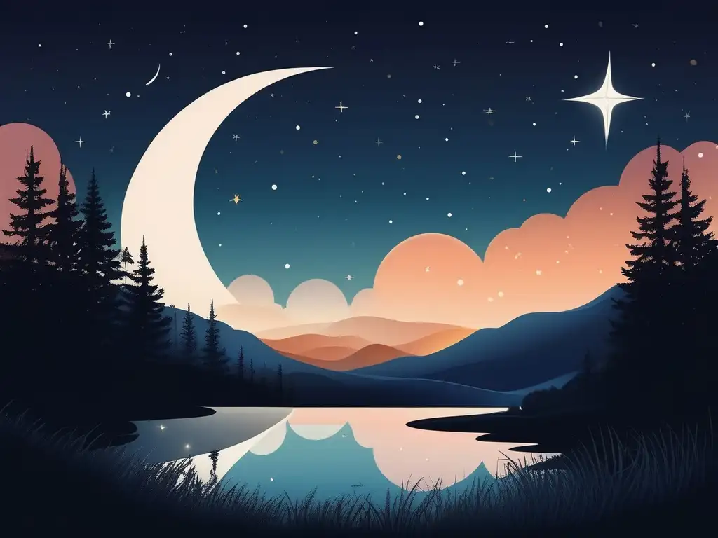 Ilustración minimalista y moderna: paisaje onírico de noche estrellada con luna creciente y océano sereno