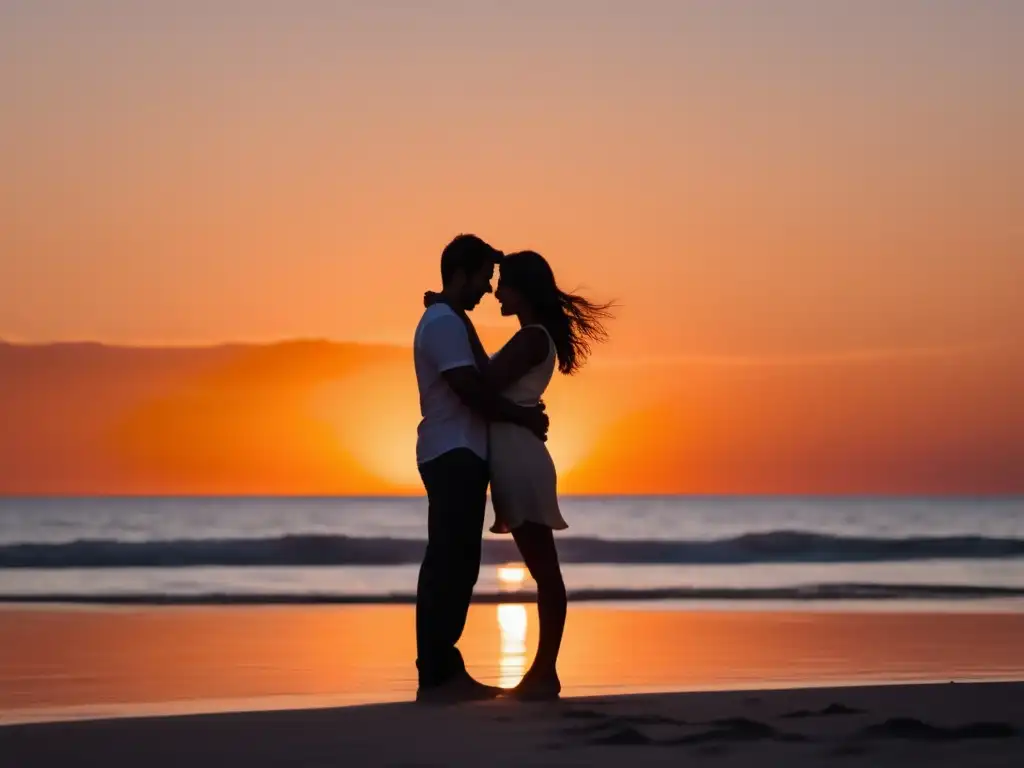 Pareja abrazada en la playa al atardecer, símbolo de amor y conexión