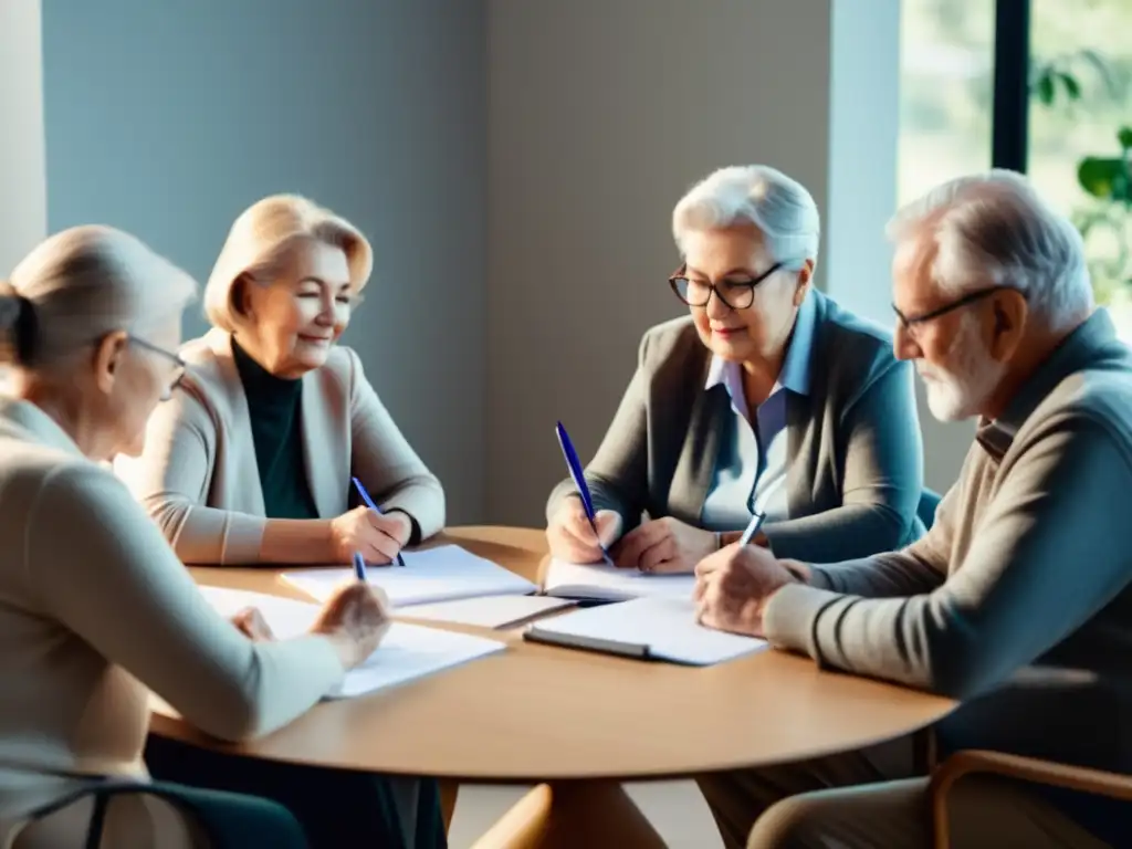 Grupo de adultos mayores participando en actividad mental, destacando la importancia de la salud mental en la tercera edad