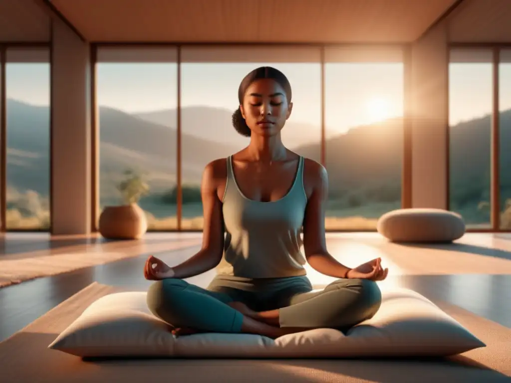 Beneficios Mindfulness adolescentes: Imagen 8K serena, minimalista de adolescente meditando en habitación iluminada y tranquila