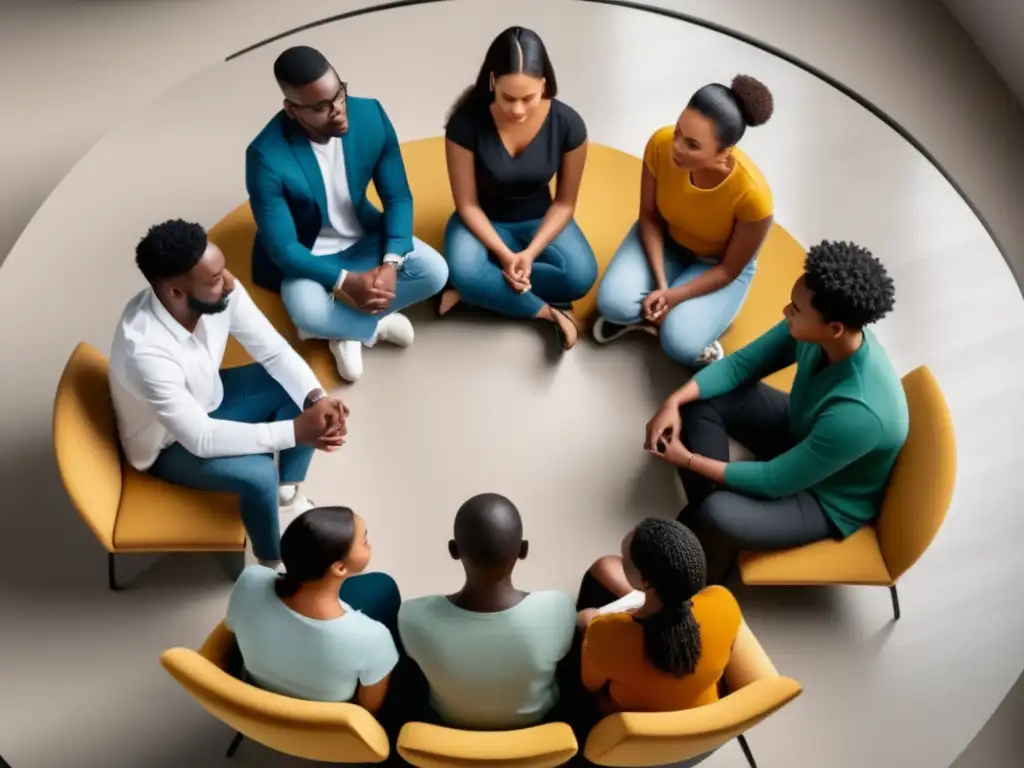 Grupo diverso de adolescentes discutiendo sobre la importancia de la salud mental en una habitación minimalista