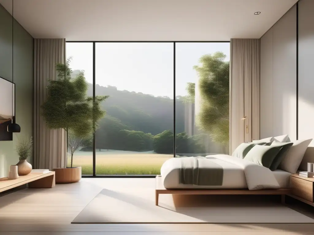 Dormitorio minimalista con ventanales y paisaje verde