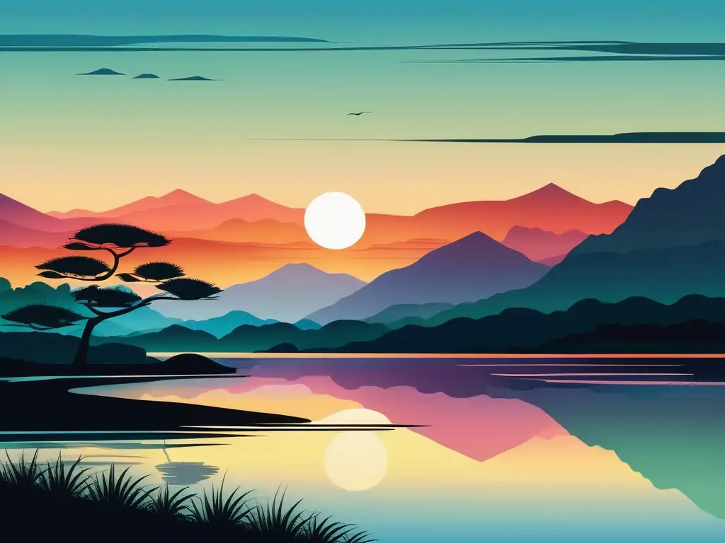 Paisaje asiático sereno con amanecer o atardecer vibrante - Estigma salud mental Asia