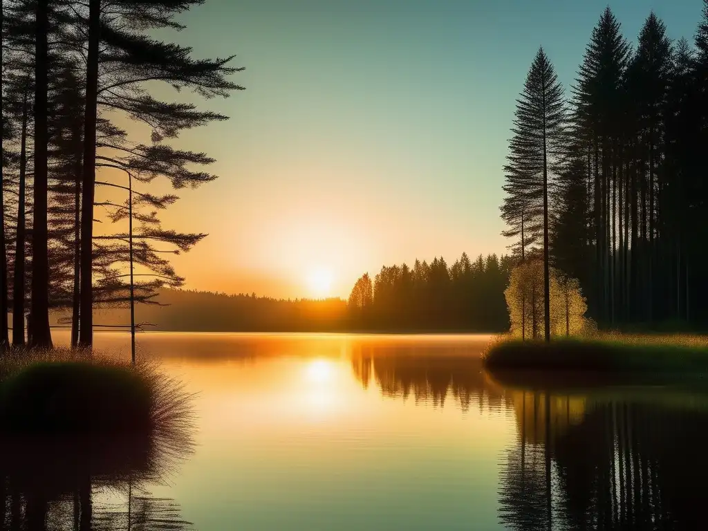 Reducción de ansiedad con Mindfulness: Amanecer tranquilo en un lago rodeado de bosque