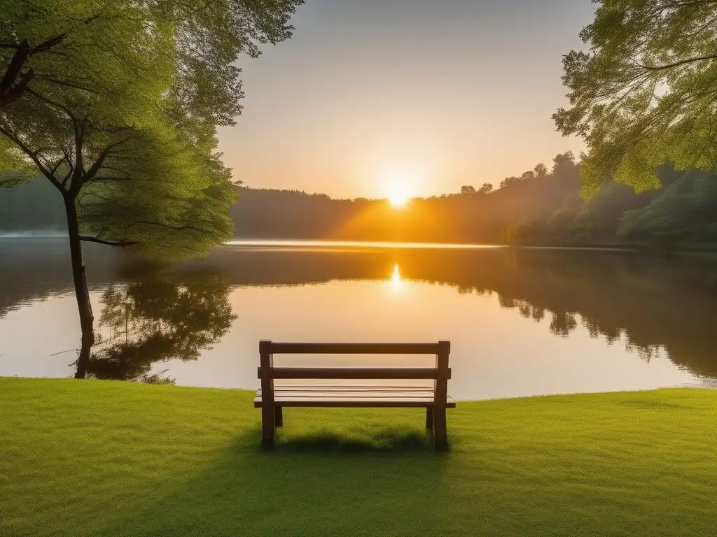 Un amanecer vibrante sobre un lago rodeado de árboles verdes, transmitiendo tranquilidad y conexión con la naturaleza