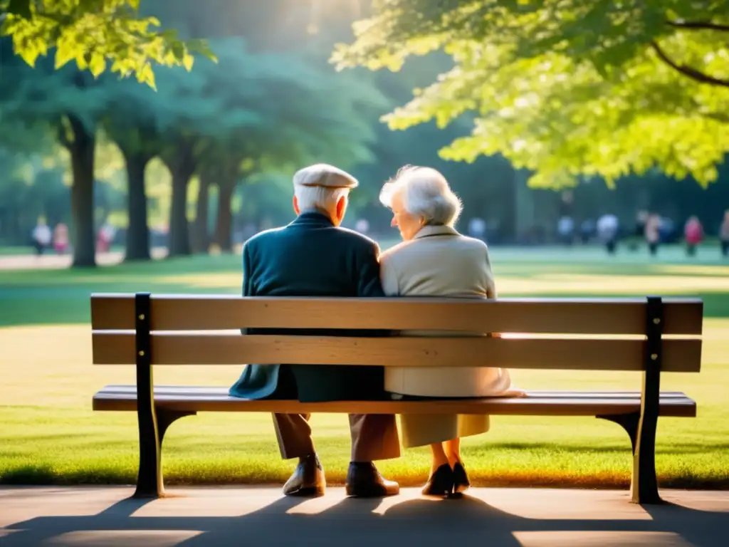 Pareja mayor en banco del parque, demostrando amor y felicidad