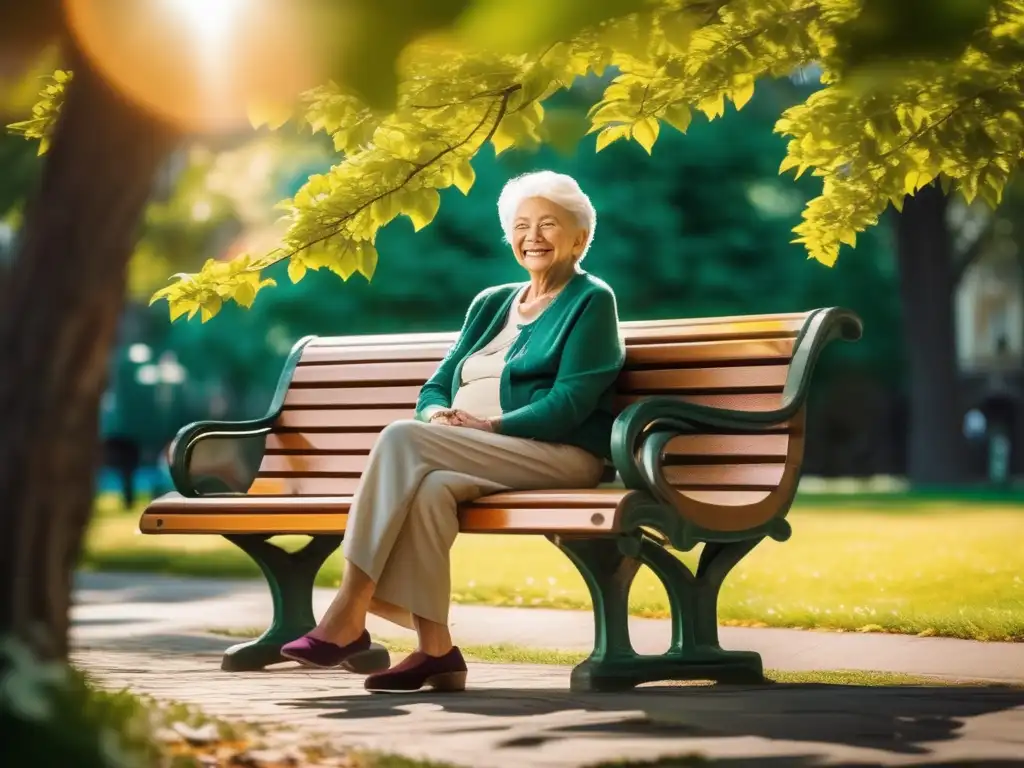 Consejos autoestima vejez envejecimiento saludable: persona mayor sonriente en parque rodeado de naturaleza y flores vibrantes