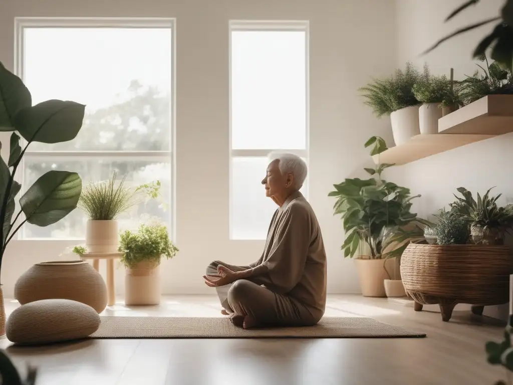 Persona mayor meditando en una habitación iluminada rodeada de plantas - Salud mental en la tercera edad