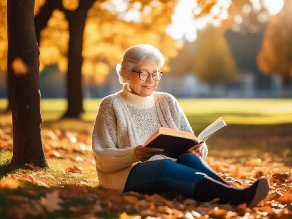 Persona mayor en parque otoñal, con libro y suéter, muestra serenidad y fuerza emocional