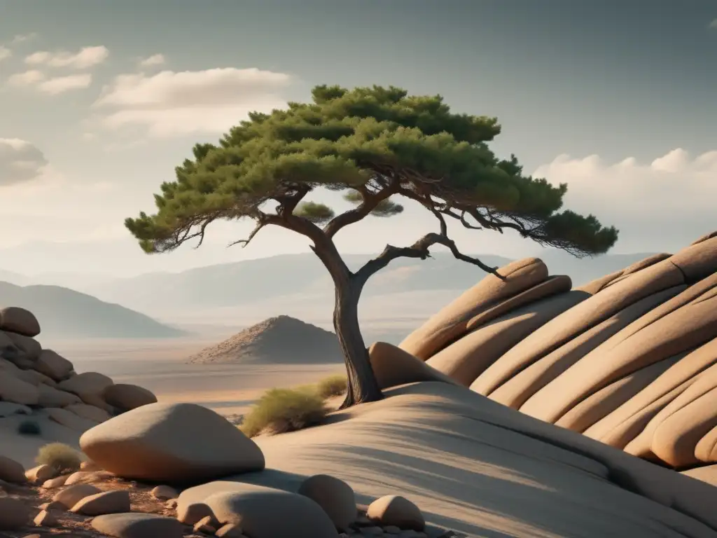 Árbol solitario en paisaje rocoso simboliza adaptabilidad y resiliencia