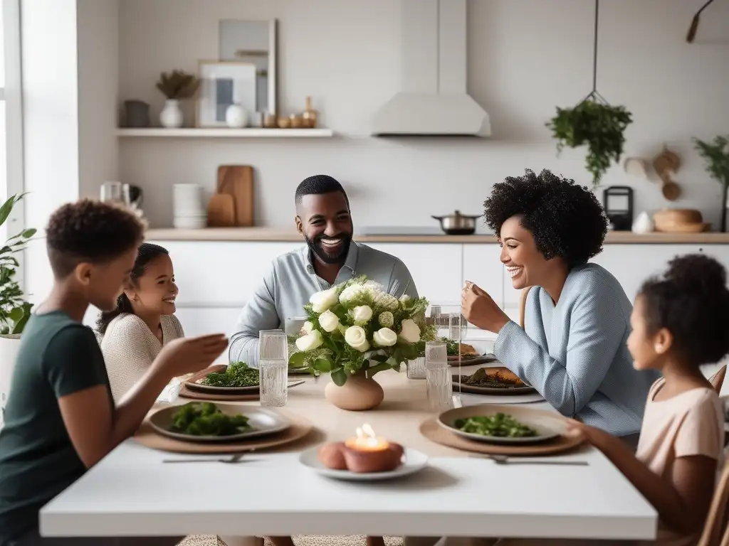 Estrategias para manejar diferencias familiares: Familia diversa disfrutando de una comida en una mesa elegantemente decorada