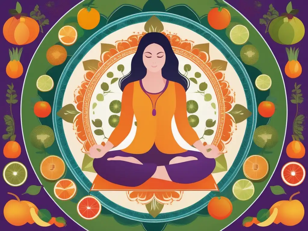 Alimentación para controlar la ira: imagen serena de yoga y mandala de frutas y verduras