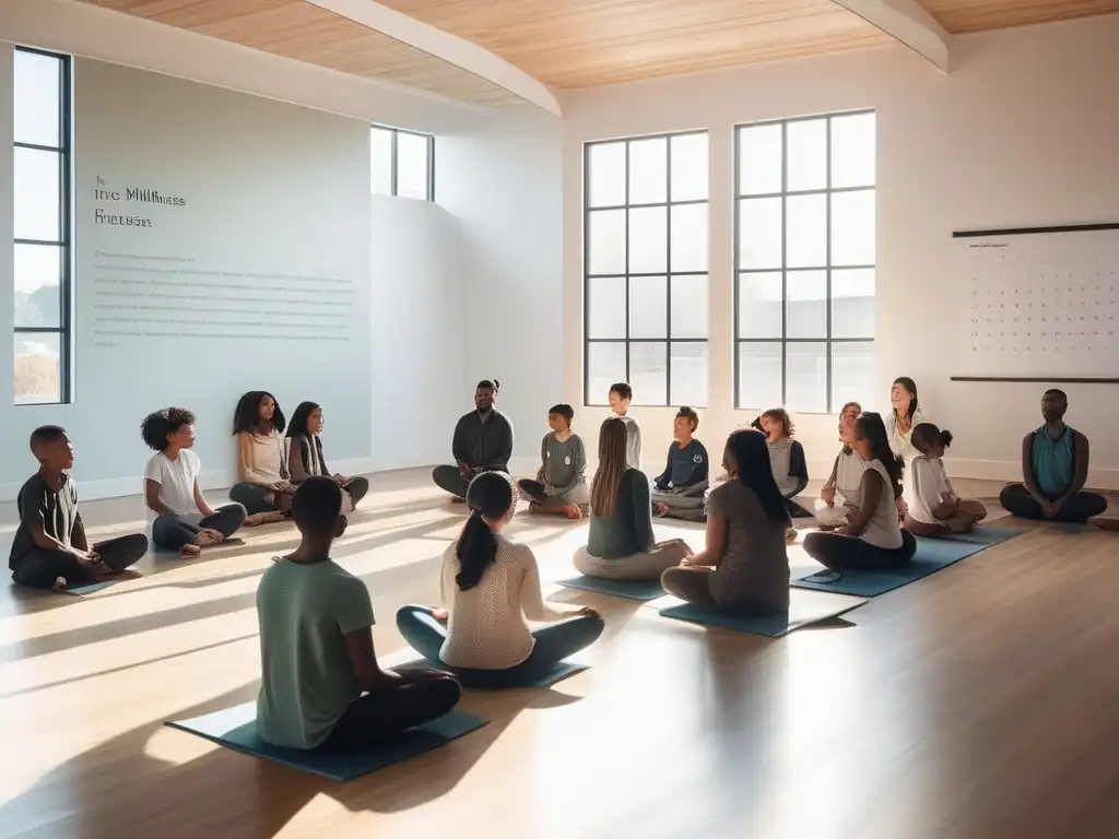 Beneficios del mindfulness en educación: Espacio minimalista y sereno con luz natural, estudiantes en ejercicio de mindfulness