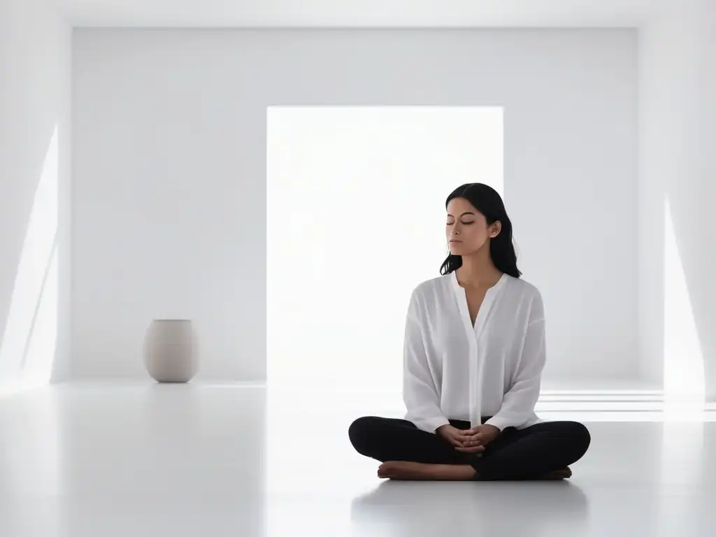 Técnicas de PNL para autodescubrimiento: persona en meditación en un espacio minimalista y luminoso