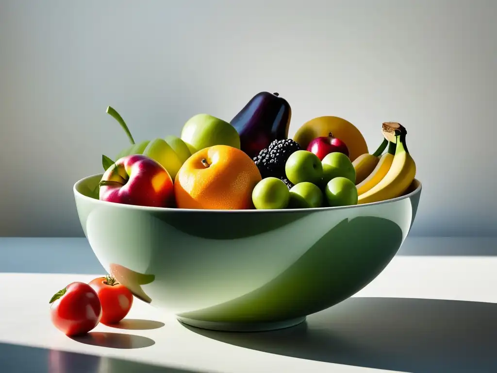 Bowl de frutas y verduras, símbolo del manejo del estrés y bienestar