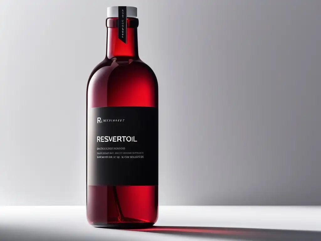 Botella minimalista de vidrio con líquido rojo intenso, representando Resveratrol para equilibrar emociones