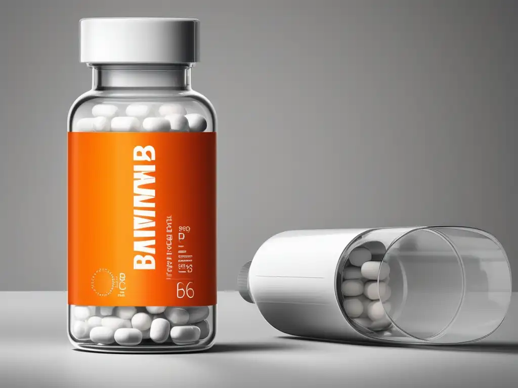 Botella de vidrio transparente con tabletas de vitamina B6 en un diseño minimalista y moderno