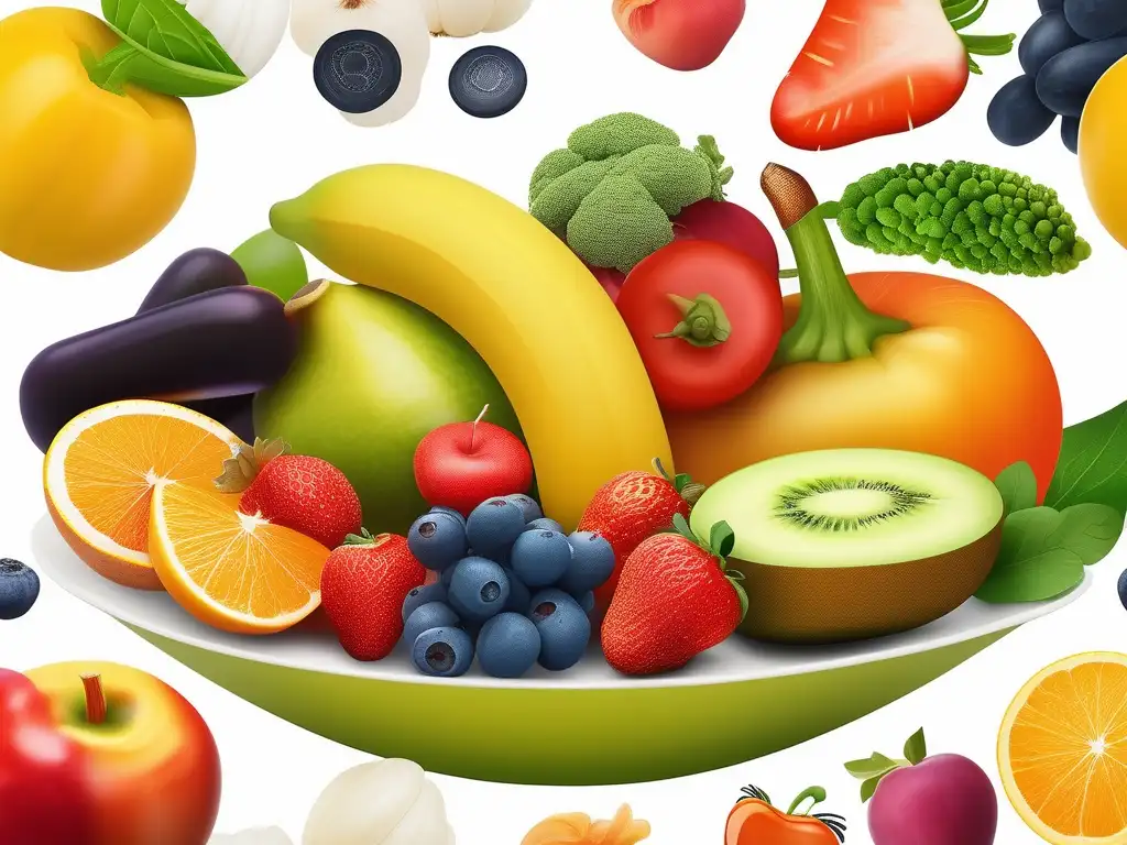 Importancia antioxidantes prevención deterioro mental: frutas y vegetales vibrantes en un tazón de mármol blanco