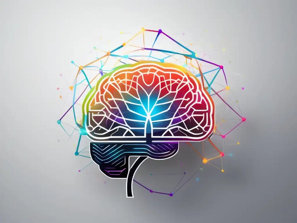 Ilustración moderna y minimalista del cerebro con vías neuronales brillantes y colores vibrantes