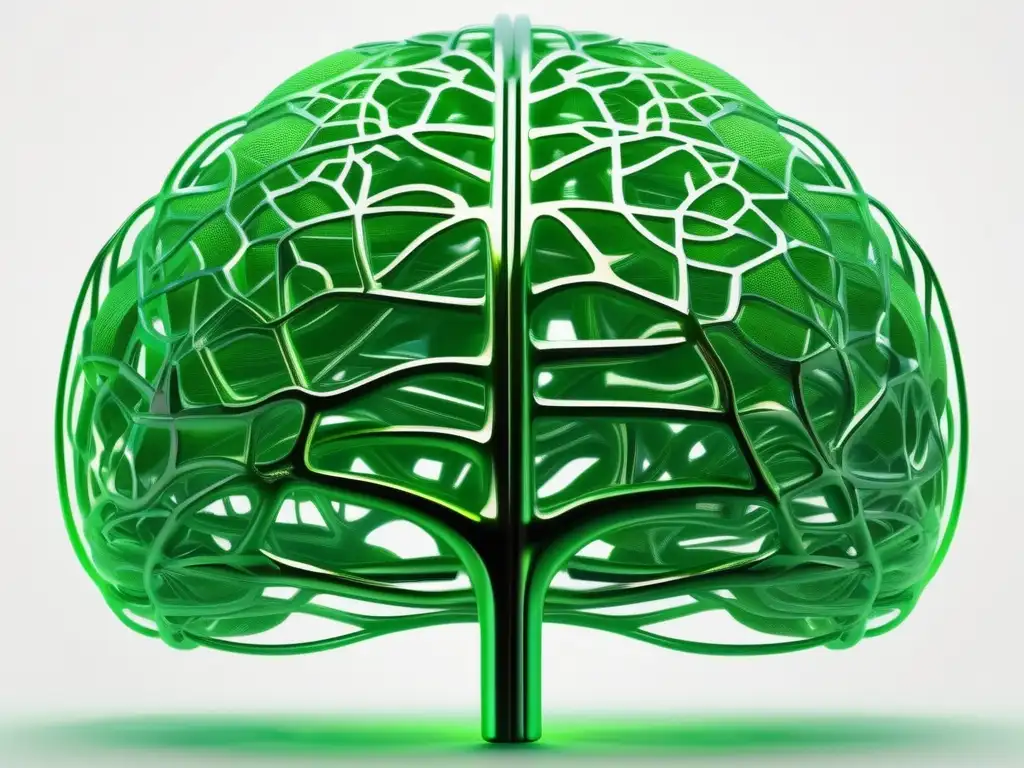 Imagen moderna de un cerebro verde rodeado de redes neurales intrincadas, simbolizando la prevención de la demencia y Alzheimer