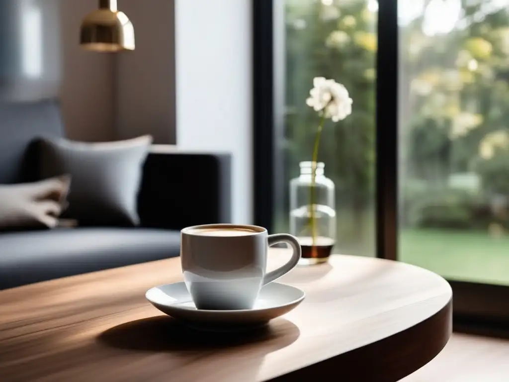 Un rincón acogedor con una taza de café perfectamente preparado, decorado con elementos minimalistas y una ventana que brinda luz natural