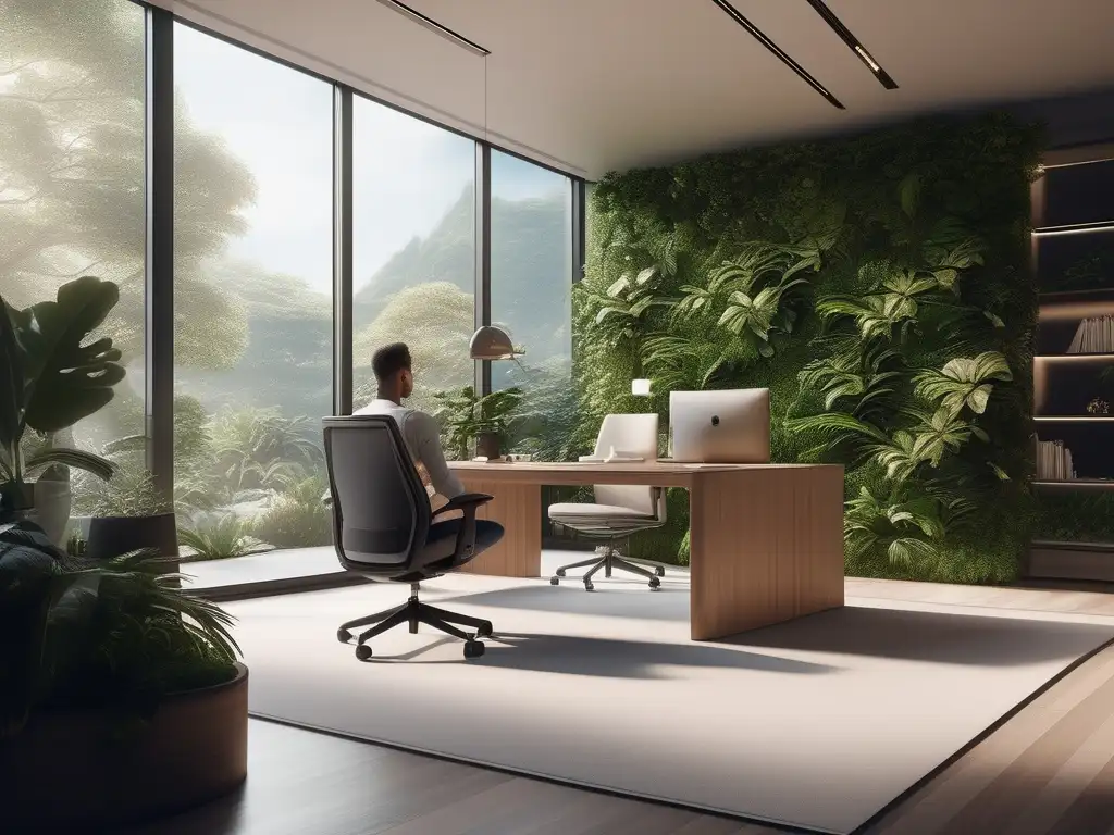 Oficina serena con luz natural, plantas verdes y práctica de Mindfulness para equilibrio emocional en el trabajo