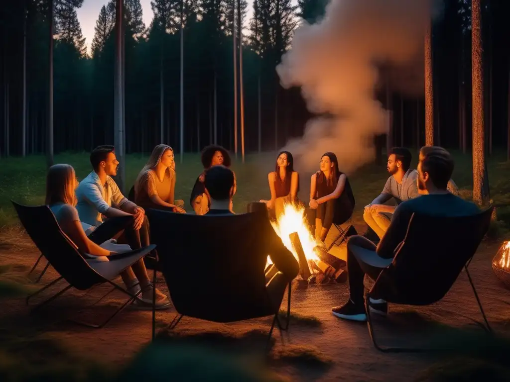 Grupo de jóvenes alrededor de una fogata en un bosque, destacando la importancia de las relaciones en la era digital