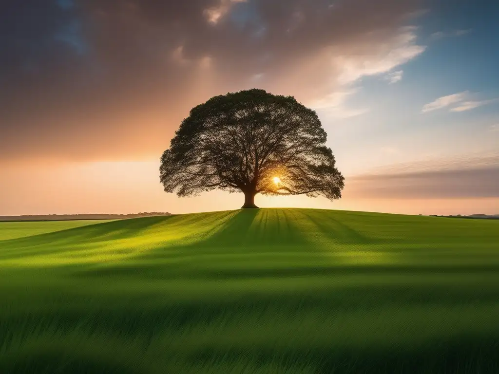 Beneficios de los suplementos alimenticios para el estado de ánimo: Imagen serena y tranquila con campo verde, sol radiante y árbol solitario