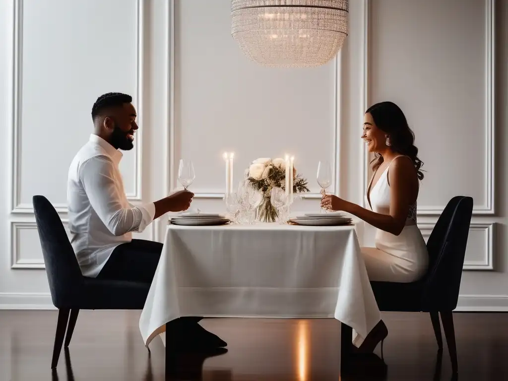 Pareja disfrutando de una cena elegante, enfatizando la importancia del agradecimiento en relaciones