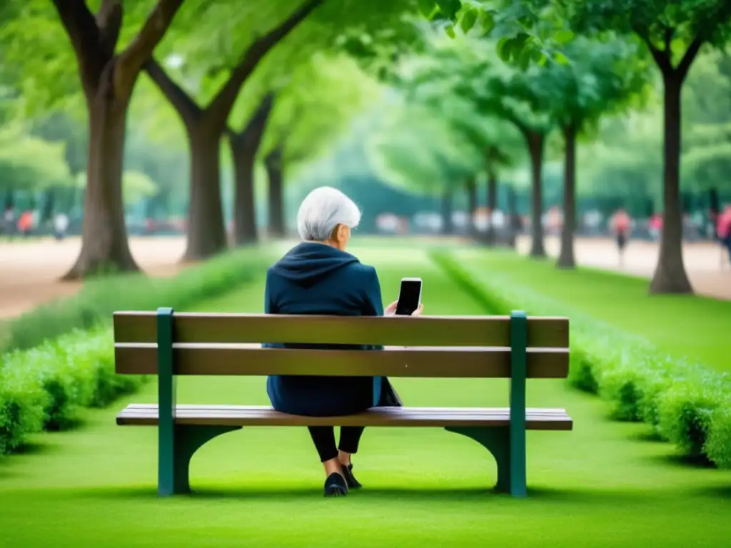 Impacto redes sociales adolescentes, chica en parque rodeada de naturaleza, usando smartphone pero conectada con el entorno