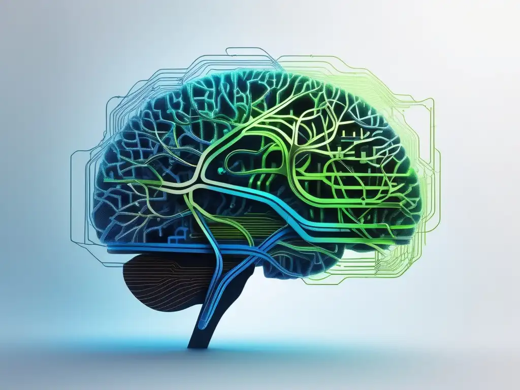 Imagen de una mente con circuitos eléctricos en azul y verde, simbolizando la neurociencia y bienestar mental