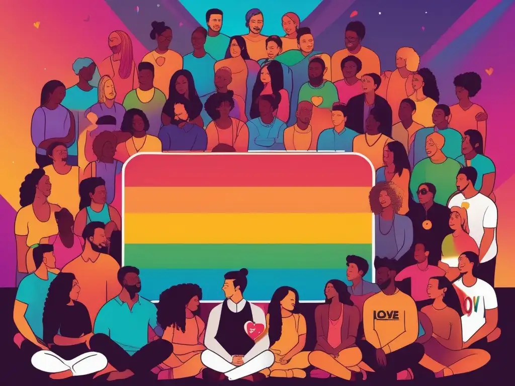 Salud mental LGBTQ+ global: grupo diverso de individuos LGBTQ+ en círculo, expresando alegría y contemplación