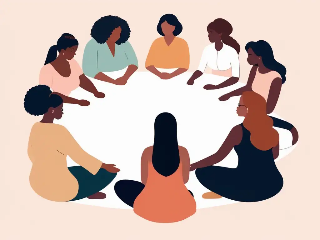 Desafío global salud mental mujeres: ilustración moderna de mujeres diversas en círculo, unidas y solidarias