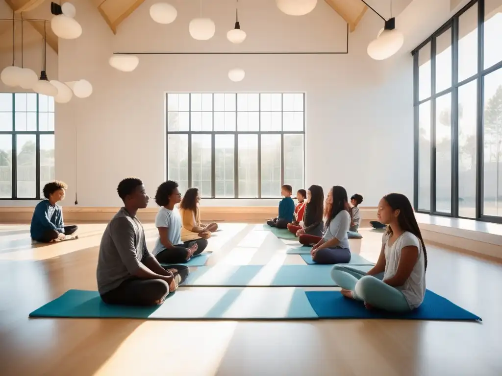 Beneficios de la conexión mente-cuerpo en un aula serena con luz natural, estudiantes practicando mindfulness y decoración minimalista