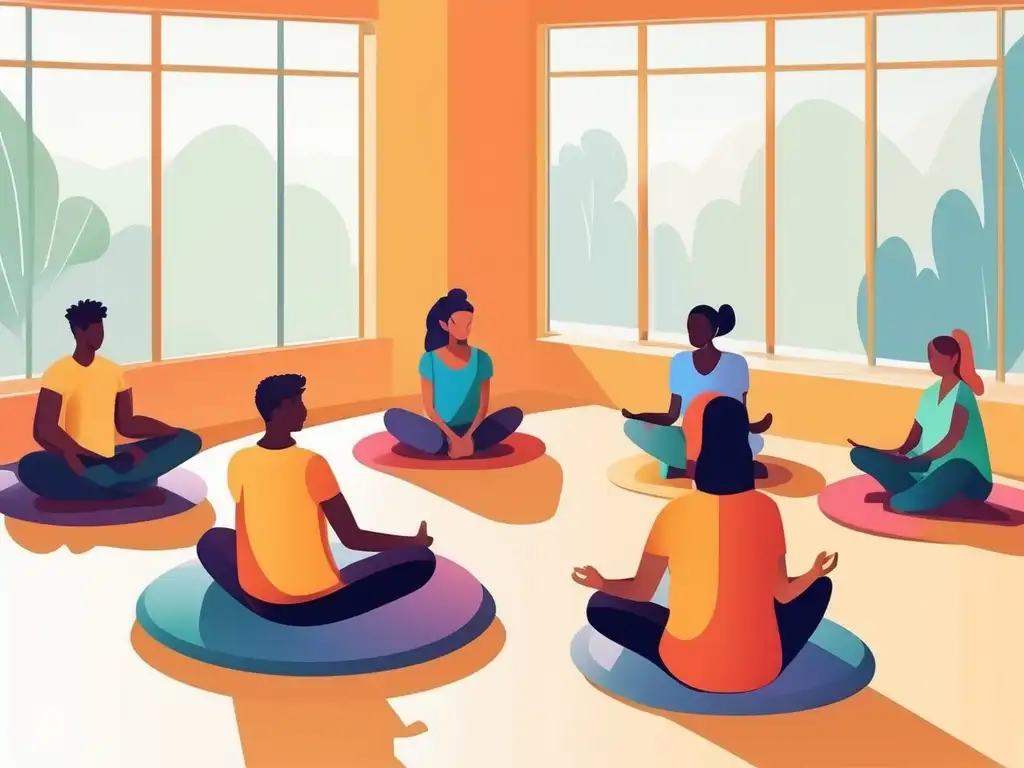 Beneficios del Mindfulness para estudiantes con TDAH en serena aula con estudiantes practicando técnicas de atención plena