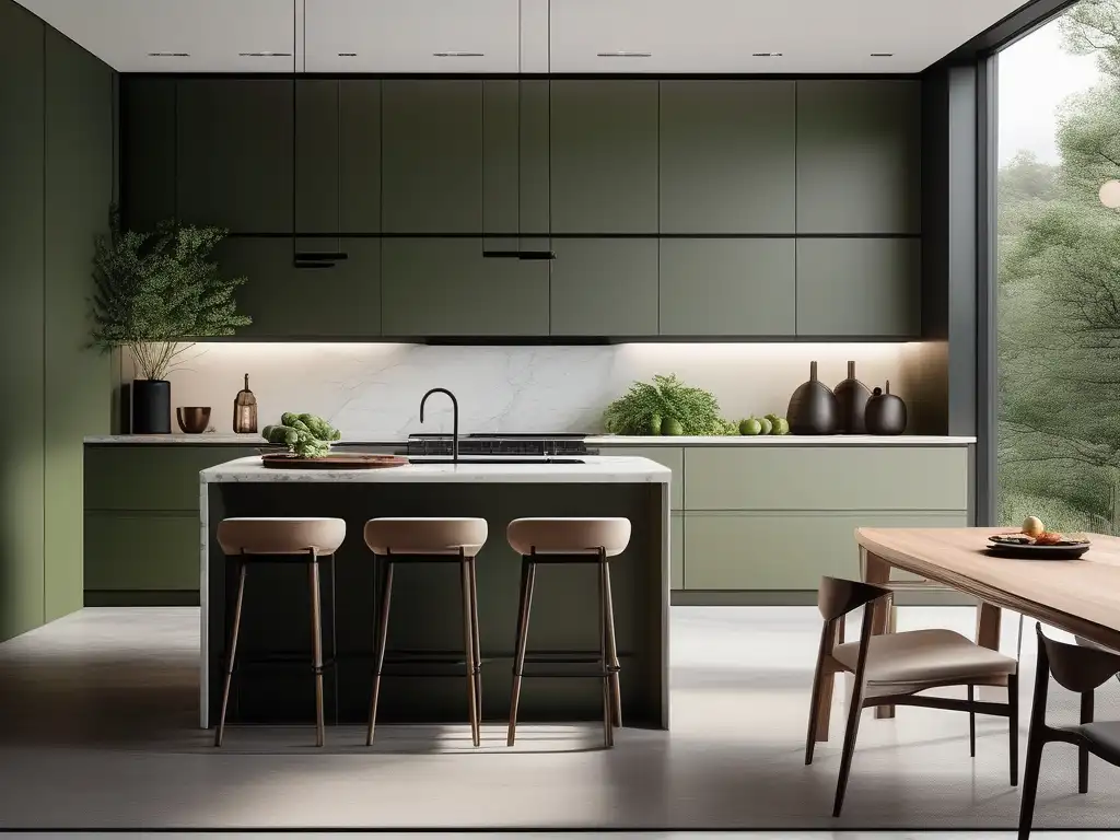 Cocina minimalista con vista a paisaje verde: Beneficios del Mindfulness para perder peso