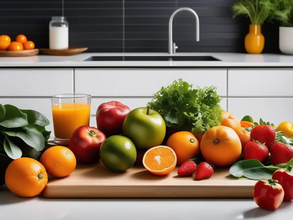 Alimentos para Mejorar el Animo: Cocina minimalista con frutas y verduras vibrantes