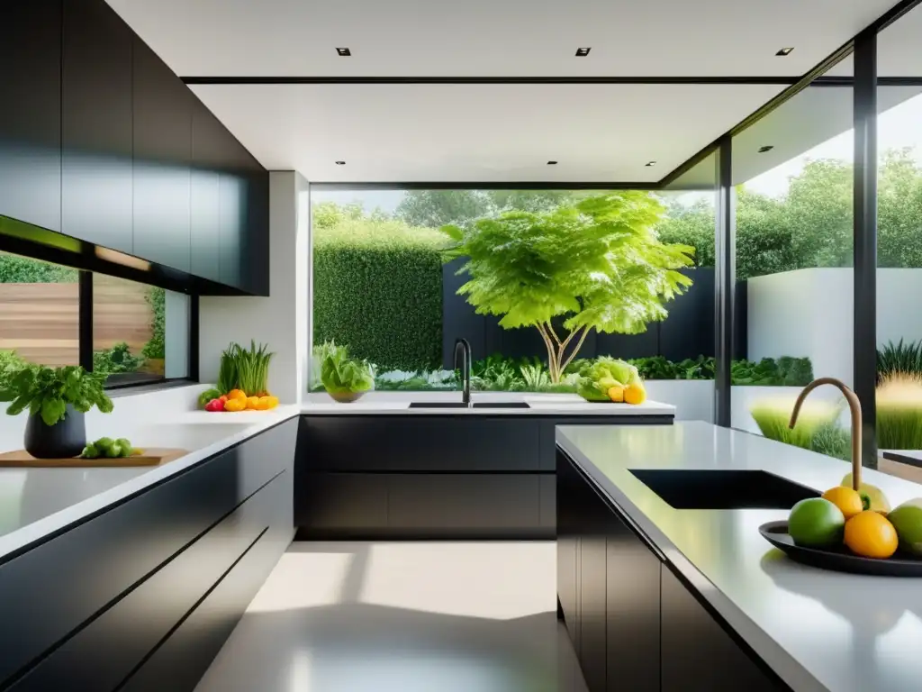 Cocina minimalista con luz natural, encimeras blancas y gabinetes negros