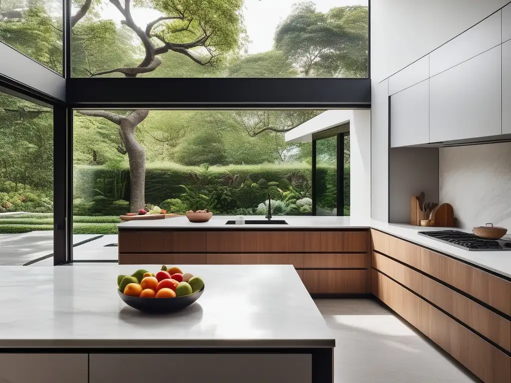 Cocina minimalista con vista a un jardín verde - Alimentos antiestrés para equilibrar tu dieta