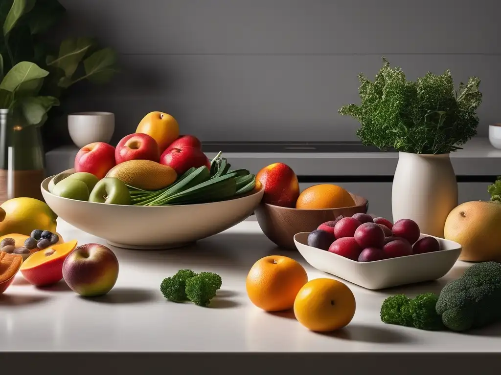 Cocina minimalista con frutas y verduras vibrantes - Importancia de la alimentación en adultos mayores