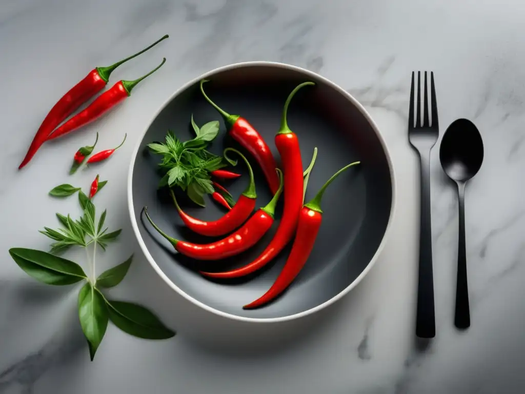 Beneficios de la comida picante en el estado de ánimo: cocina moderna con plato picante y colores vibrantes