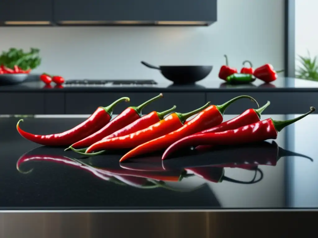 Cocina moderna con encimera negra y chiles rojos frescos, resaltando los beneficios de la comida picante para el estado de ánimo