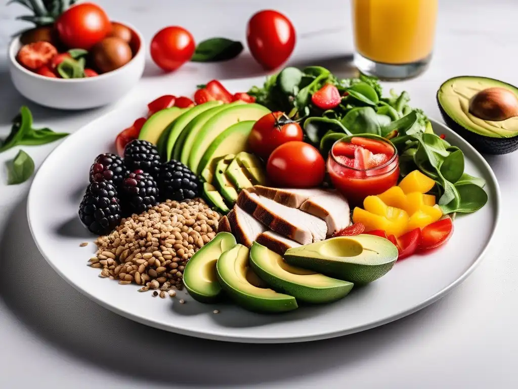 Deliciosa comida balanceada con frutas, verduras y proteínas para mejorar el estado de ánimo