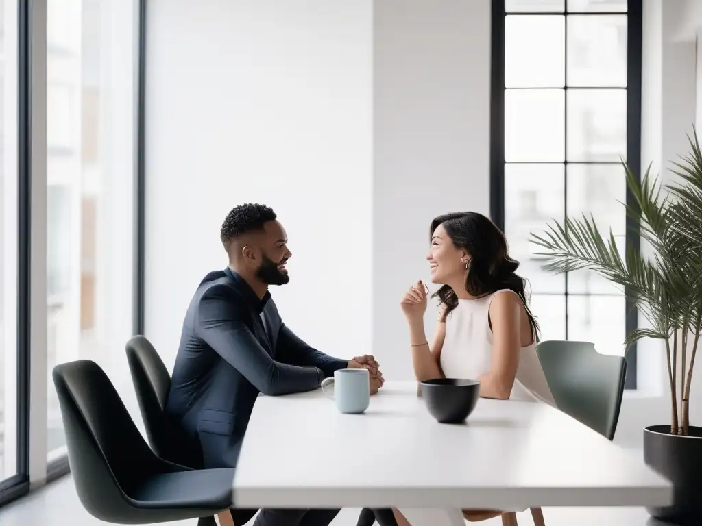 Dos personas en una mesa minimalista, en una habitación luminosa, comunicándose efectivamente