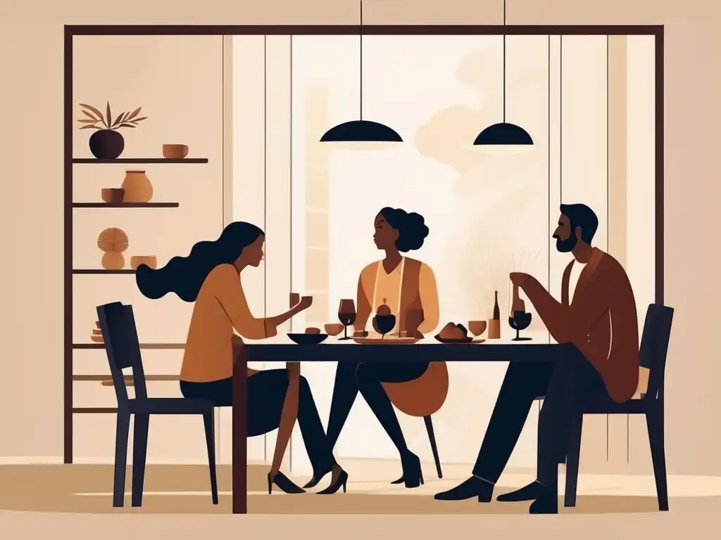 Técnicas de comunicación para mejorar relaciones en una familia, con una imagen de una familia en una mesa de comedor, en una conversación profunda