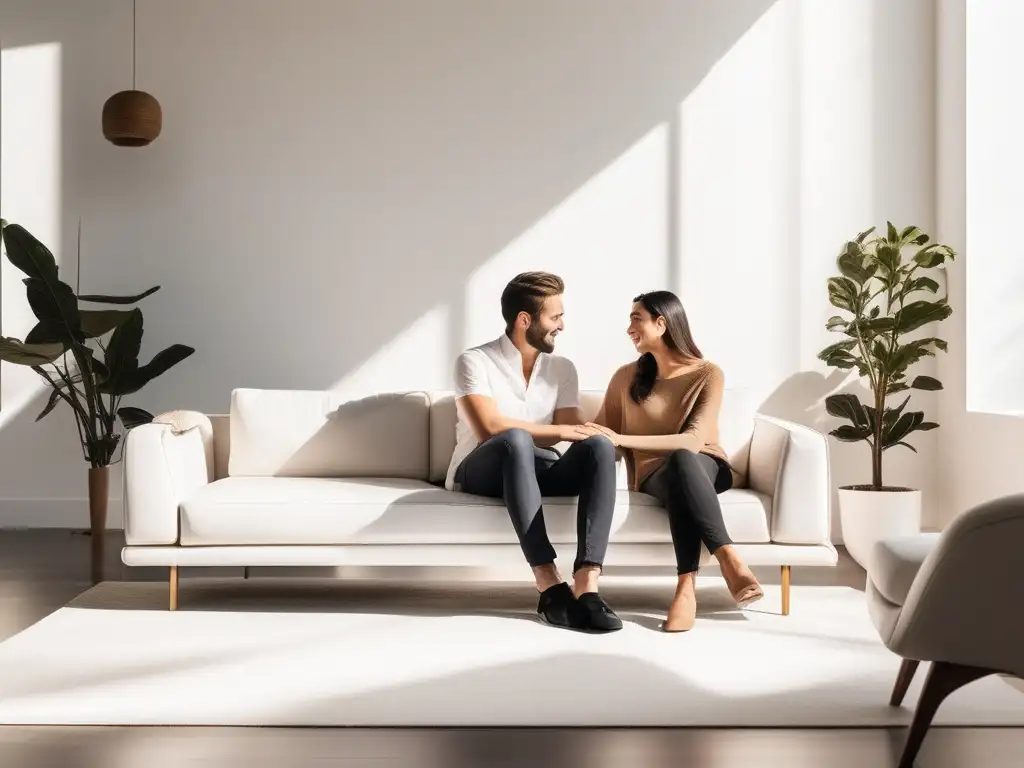 Pareja auténtica en habitación luminosa y minimalista