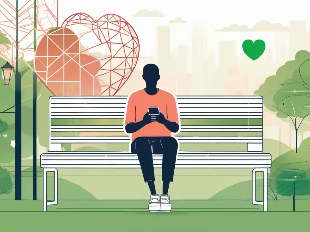 Ilustración moderna de una persona en un banco usando un smartphone, con corazón flotante