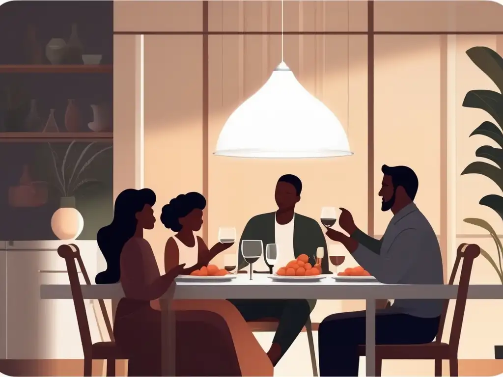 Familia disfrutando de una cena con gestos y conexión - Importancia comunicación no verbal relaciones familiares