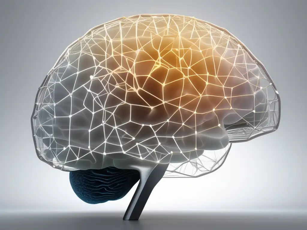 Impacto educativo en salud mental - Cerebro humano en estilo minimalista y moderno, estructura tridimensional y transparente, con red neuronal visible