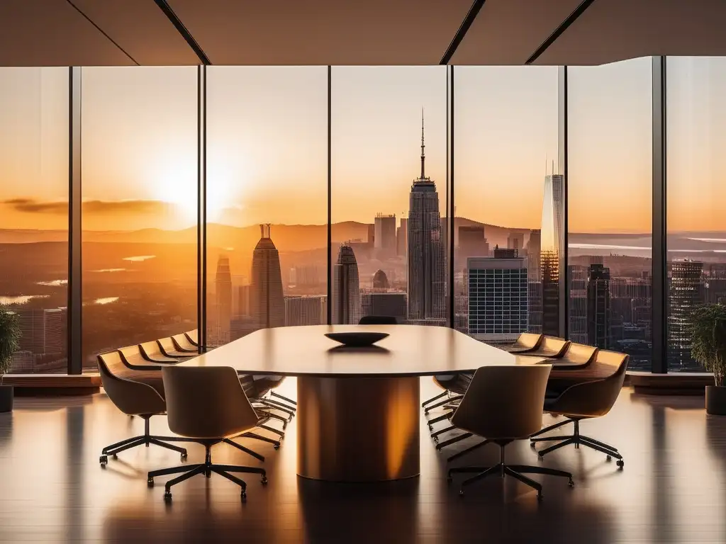 Sala de conferencias moderna y minimalista con vista panorámica a la ciudad al atardecer - Técnicas PNL para hablar en público sin miedo